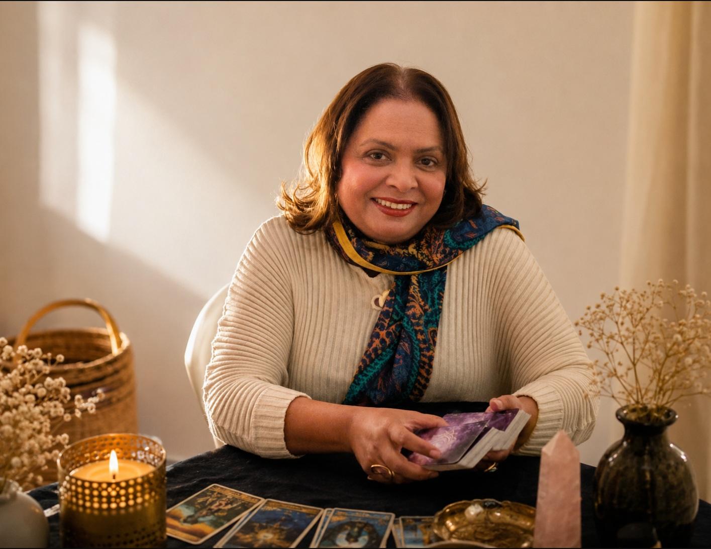 Deepa, the owner of Moon and Mind, holding tarot cards
